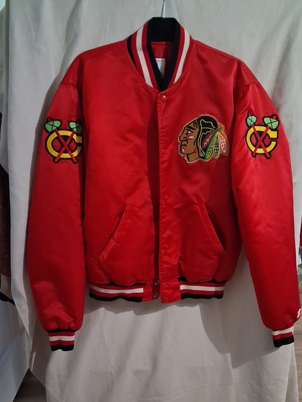 Chicago Blackhawks Men's Varsity Satin Jacket with Embroidered Team Patches